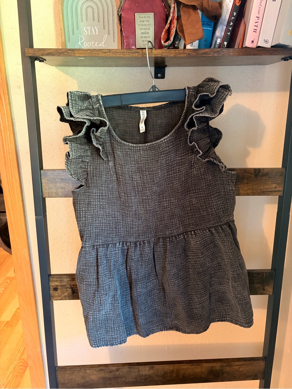 ZENANA- Ruffled Sleeve Textured Peplum Top - Slate Gray